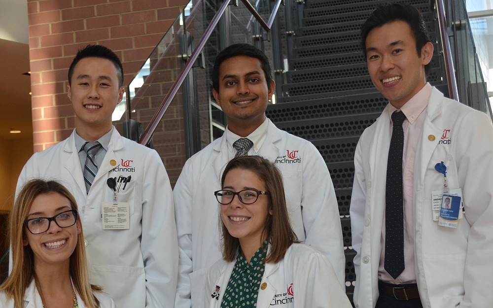 Members of the Internal Medicine Student Interest Group in CARE Crawley Atrium. The students are top left to right, back row: Steven Chen, Das Parthib and Andrew Chou.  Left to right, front row are Claudia Ricotti and Rebecca Greenstein.