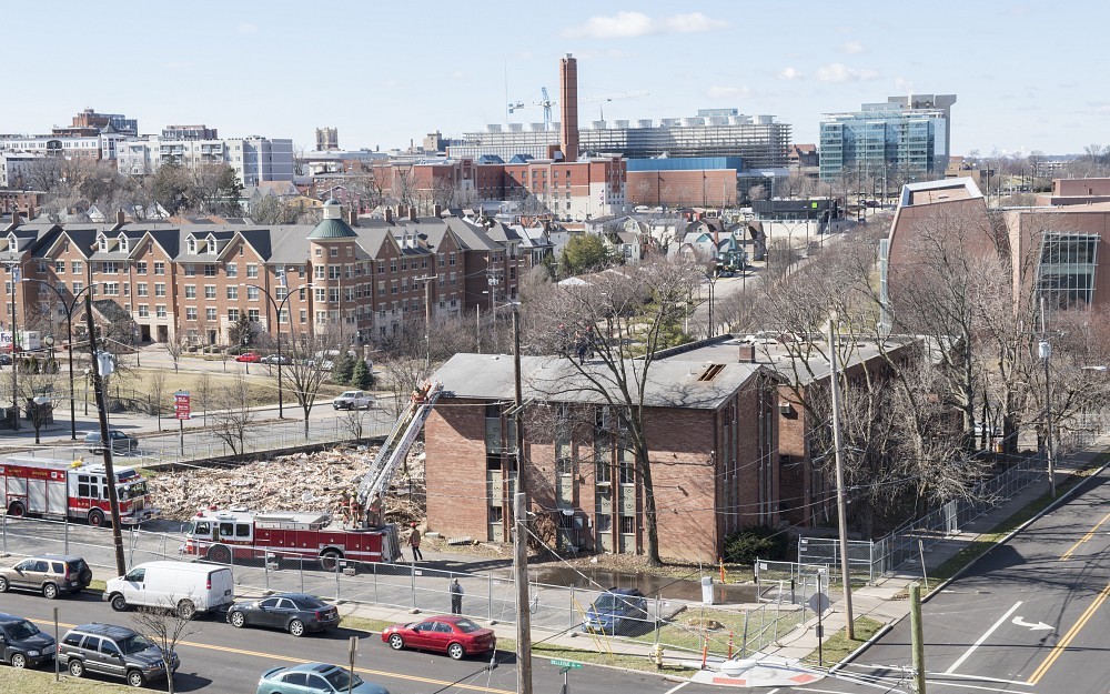 Piedmont Mews Apartment Complex undergoing demolition to make way for the new University of Cincinnati Gardner Neuroscience Institute.
