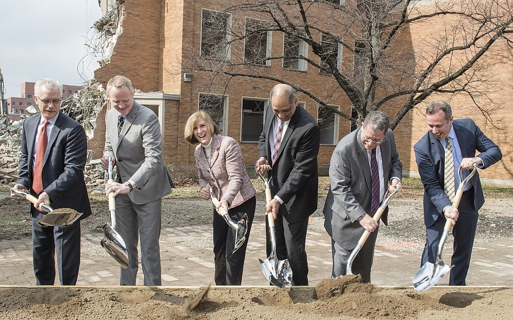 From left: Peter Landgren UC Interim Senior Vice President for Academic Affairs and Provost, Matt Rota, UC College of Nursing, Tina Whalen, Dean of CAHS, UC President Neville Pinto, UC College of Medicine Dean William Ball and James L. Winkle College of Pharmacy Dean, Neil MacKinnon
