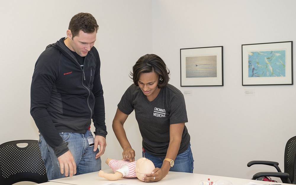 
First-year medical students Jeffrey Talarek and Sarah Smith were performing CPR techniques during the College of Medicine's first responder course.