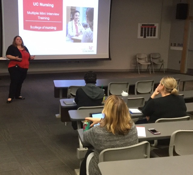 Lori Catalano of the College of Nursing presenting a multiple mini interview training session at Procter Hall