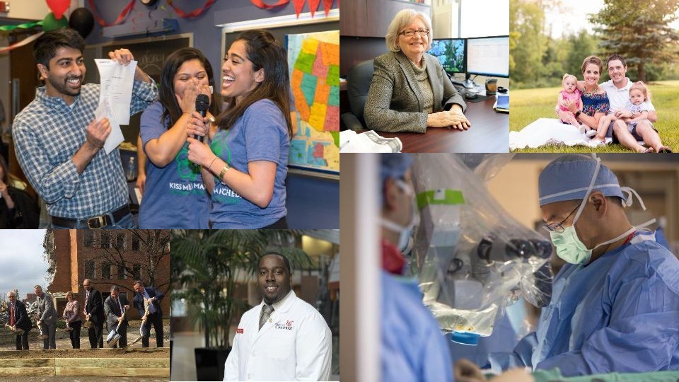 Top stories of 2017 included (clockwise from top left) Match Day; Susan Pinney's research; Whitney Hoffer and family; Joseph Cheng; Marcus Germany; and groundbreakings on medical campus.