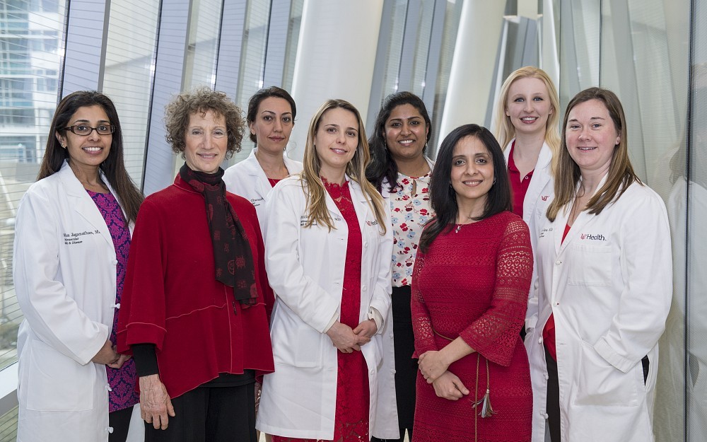 Women in cardiology at UC. From left to right are: Sudha Jaganathan, MD, Laura Wexler, MD, Naseem Ghazanfari, MD, Anisiia Doytchinova, MD, Parvathi Mudigonda, MD, Radha Mehta, MD, Kelly Laipply, MD and Regina Kayse, MD.
