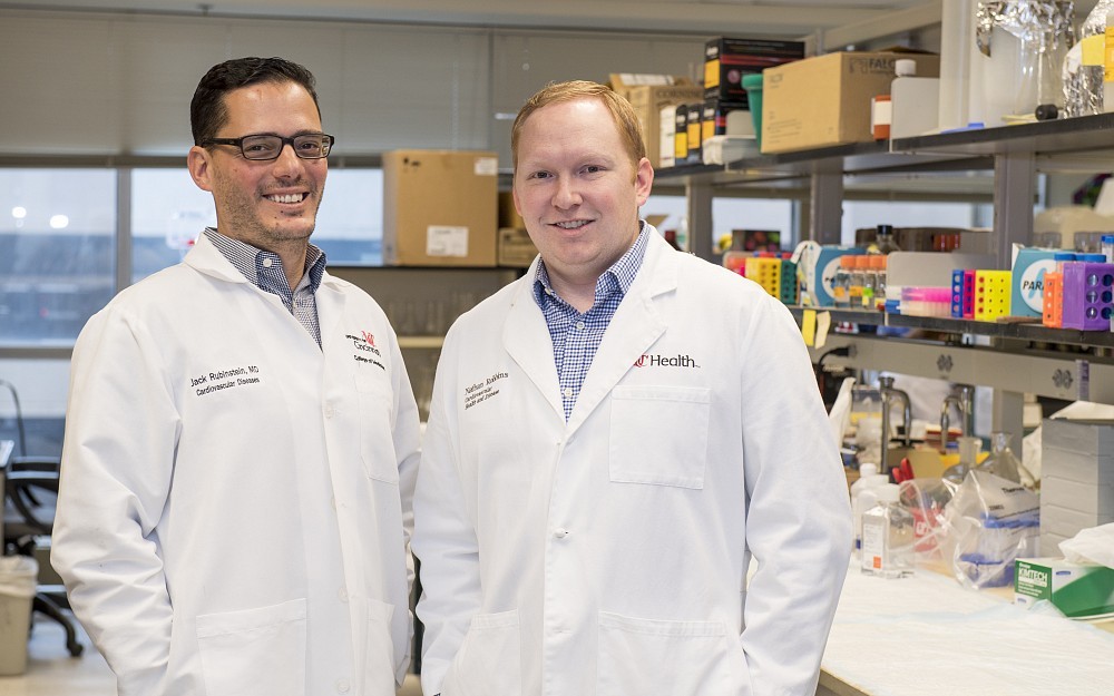 Jack Rubinstein, MD, and Nathan Robbins are shown in a laboratory in the UC College of Medicine.