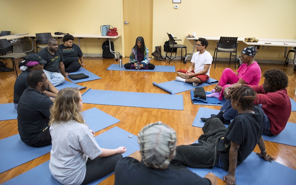 Meera Murthi, PhD, leads a mindfulness course at Cincinnati COOKS!  