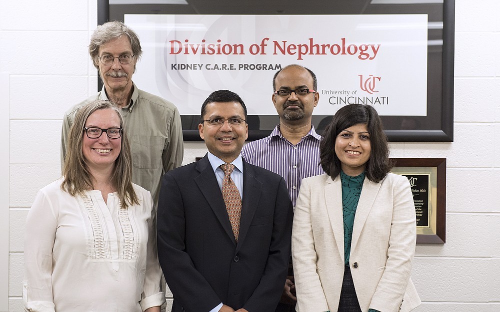 Anthony Leonard, PhD and Karthik Meganathan, (rear), Annette Christianson, Charuhas Thakar, MD, and Silvi Shah, MD, researchers in the Division of Nephrology, Kidney CARE.