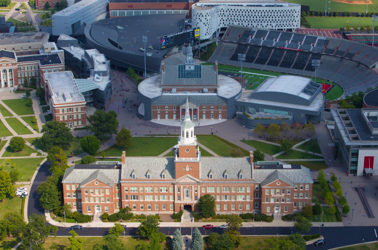 Aerial photo of McMicken Hall in the sunshine
