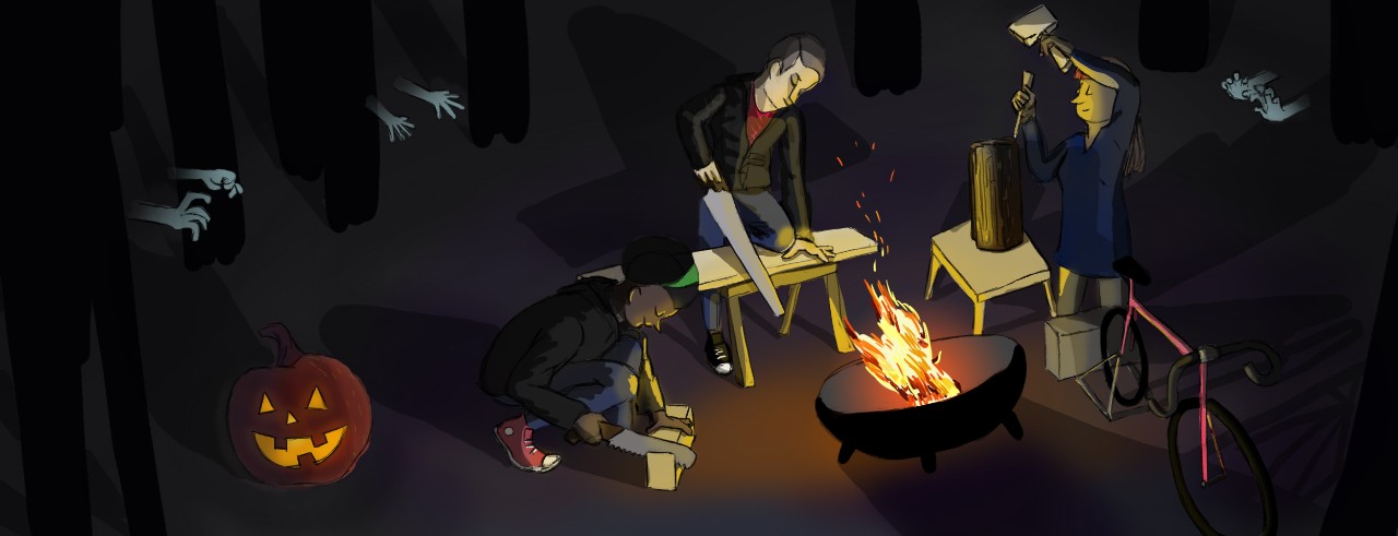 Illustration of people woodworking around a fire with zombie hands reaching out of the shadows