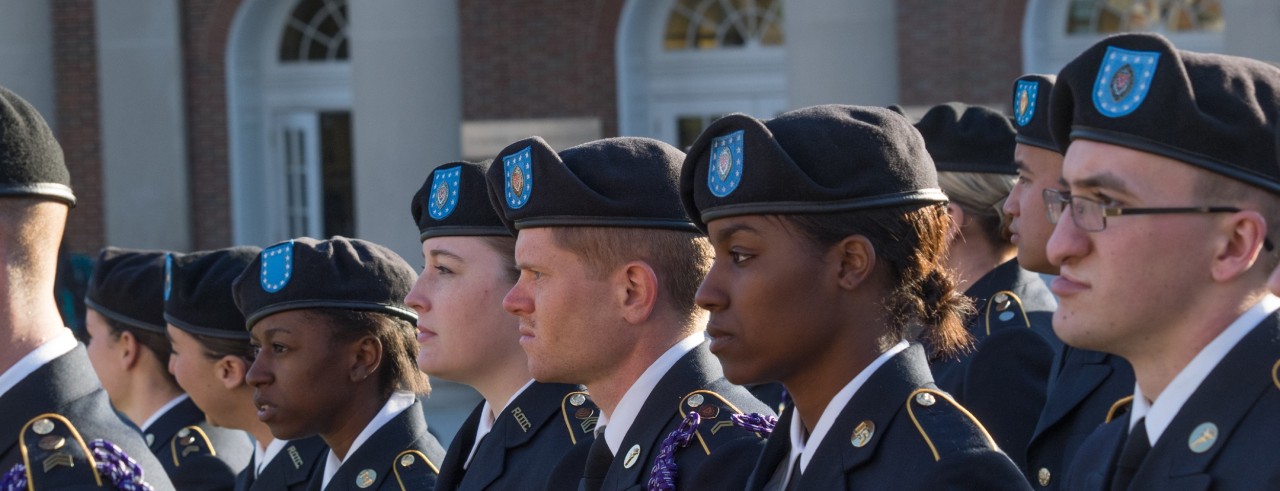 ROTC cadets stand at attention outside of Tangeman University Center at the University of Cincinnati