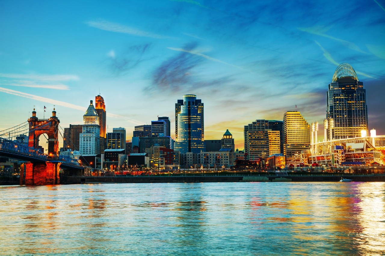 Cincinnati skyline at sunset.