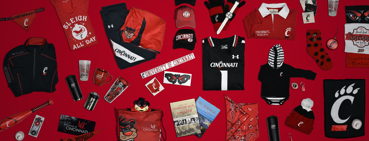 Range of merchandise available at bookstore, including hats, T-shirts, jackets, mugs, socks and accessories