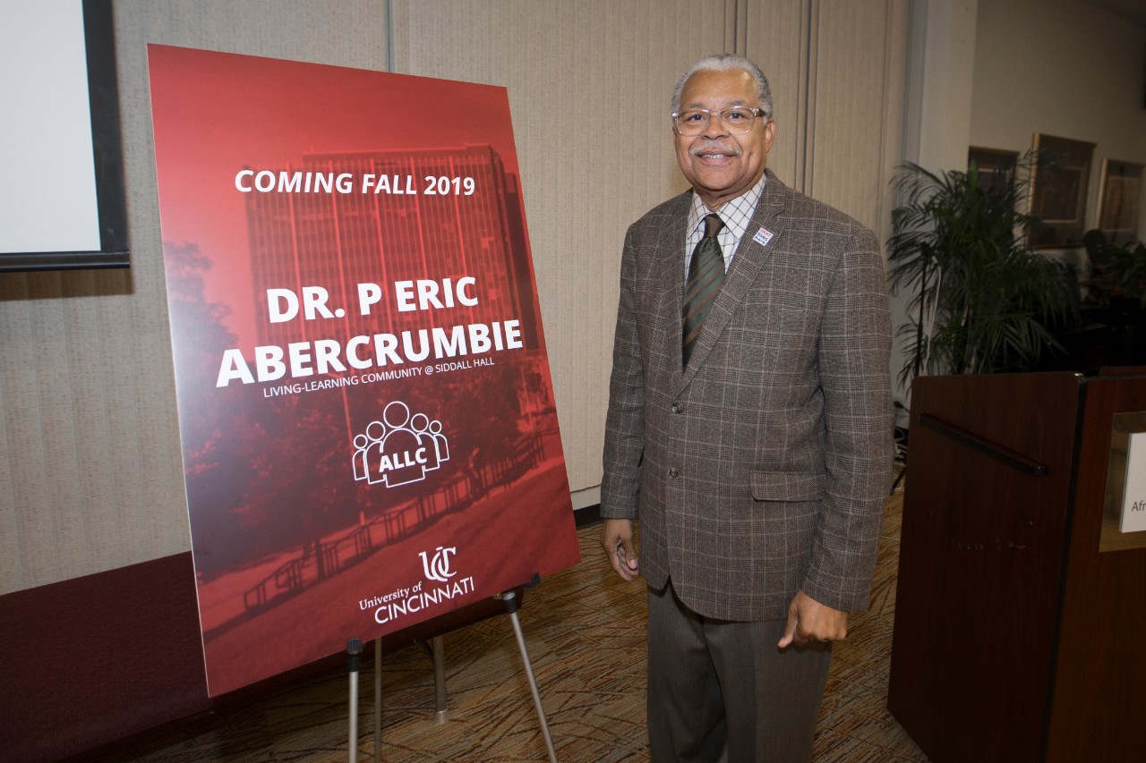 Dr. P. Eric Abercrumbie reacted as the new living learning community was named after him. University of Cincinnati students, faculty and staff and families enjoyed the dedication of new living learning community named after Dr. P. Eric Abercrumbie at the AACRC. UC/ Joseph Fuqua II