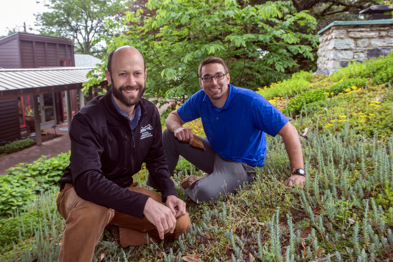 Two men pose on a green roof with plants growing on it