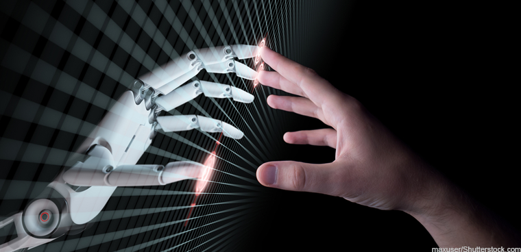photo illustration of a human hand touching a robotic hand