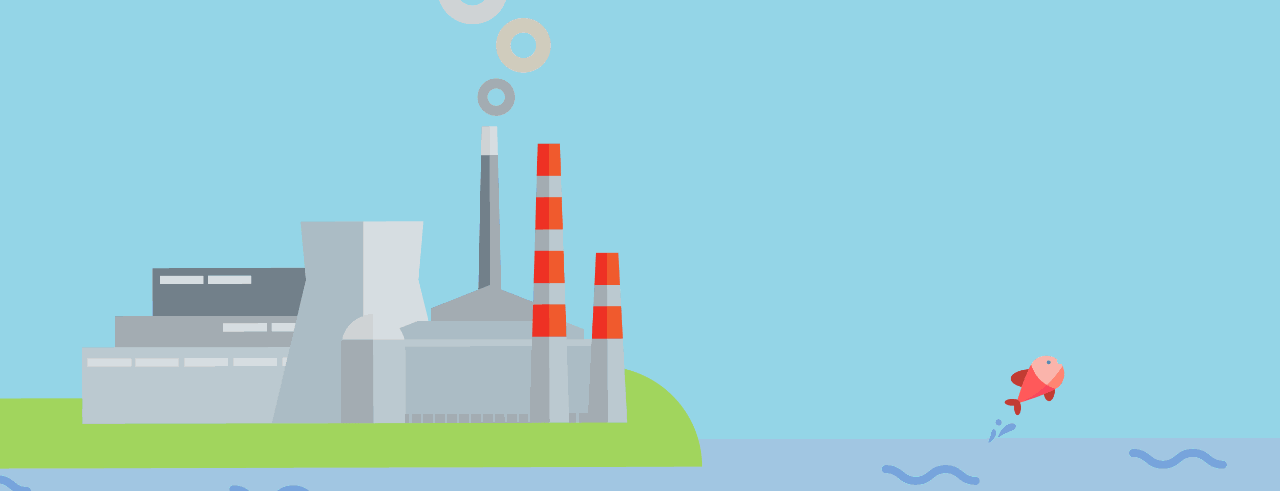 A graphic illustration of a power plant next to a river with a fish jumping out of it.