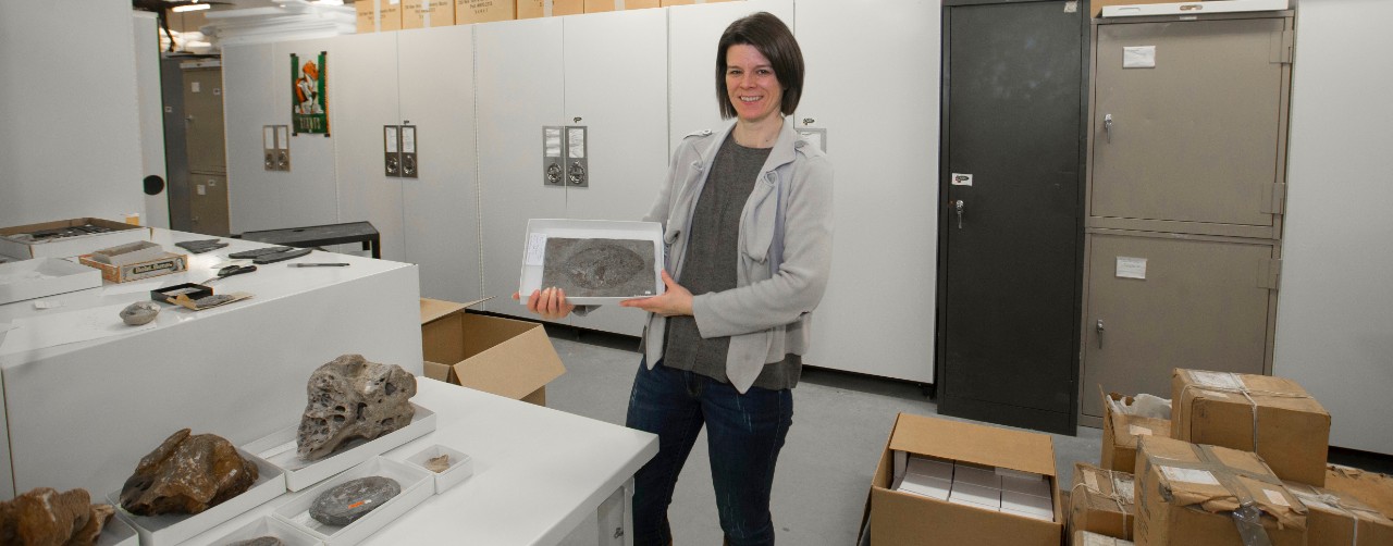 UC adjunct professor Brenda Hunda holds a fossil fish from the University of Minnesota's collection. Next to her are unopened boxes and a counter with several other fossils.