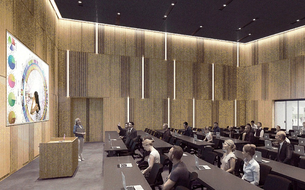 Rendering a lecture hall inside of New Lindner College of Business building,  scheduled to open Fall 2019