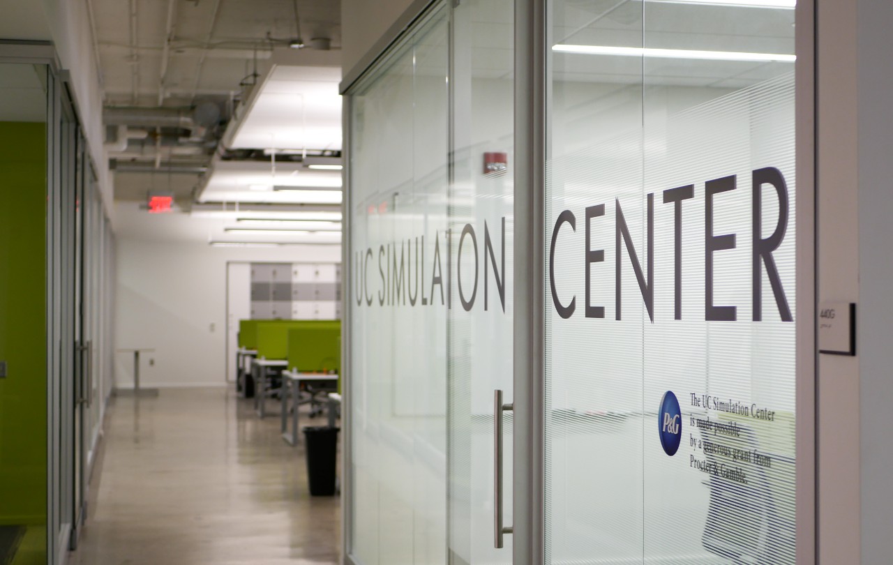 exterior of UC Sim Center's glass doors