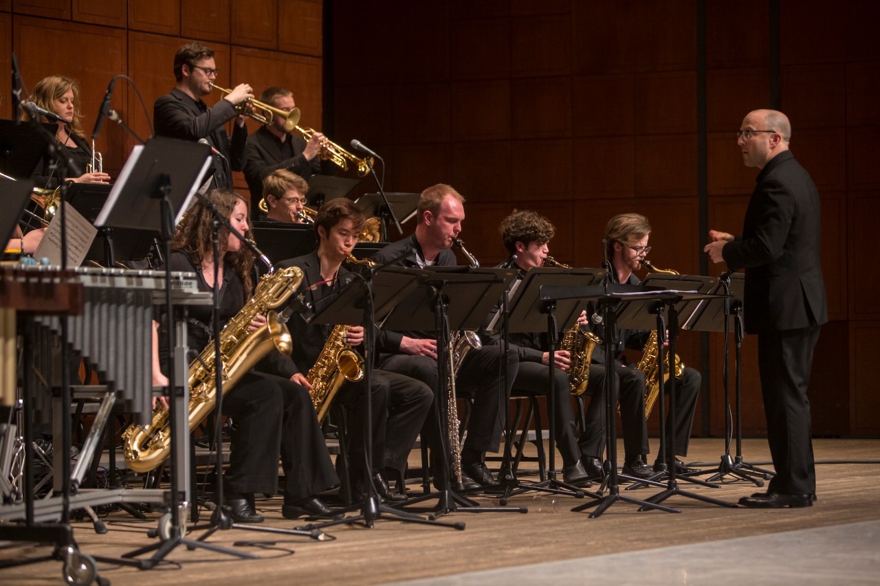 CCM Jazz Orchestra on stage during a performance at Corbett Auditorium.