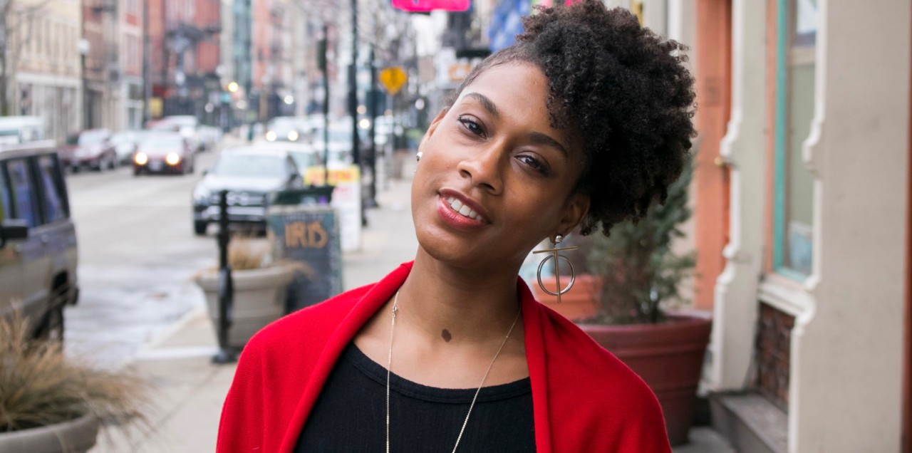 Tamia Stinson, standing on Main Street in Cincinnati's Over-the-Rhine