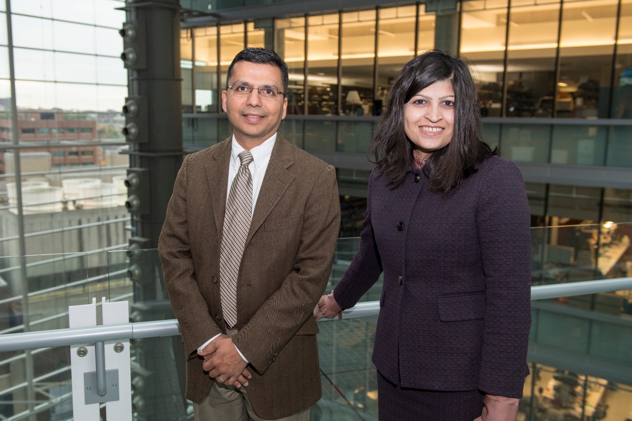 Dr. Charuhas Thakar and Dr. Silvi Shah, both of the Division of Nephrology on the bridge in CARE/Crawley