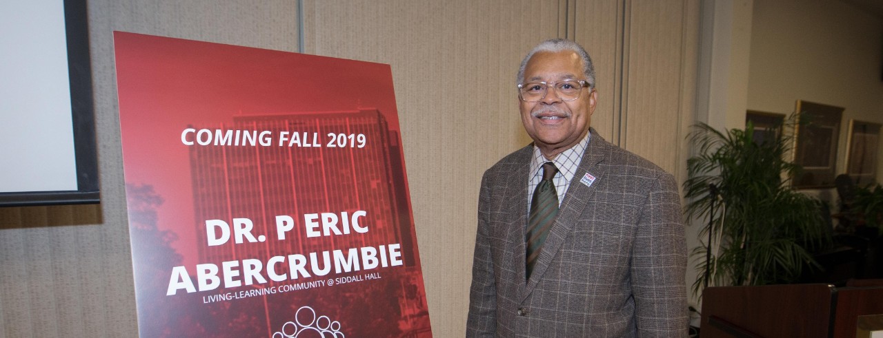 Dr. P. Eric Abercrumbie reacted as the new living learning community was named after him. University of Cincinnati students, faculty and staff and families enjoyed the dedication of new living learning community named after Dr. P. Eric Abercrumbie at the AACRC. UC/ Joseph Fuqua II