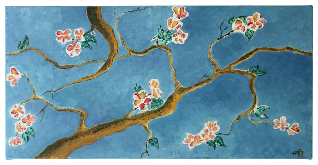 A painting of a tree branch with blossoms, by Swati Chopra.
