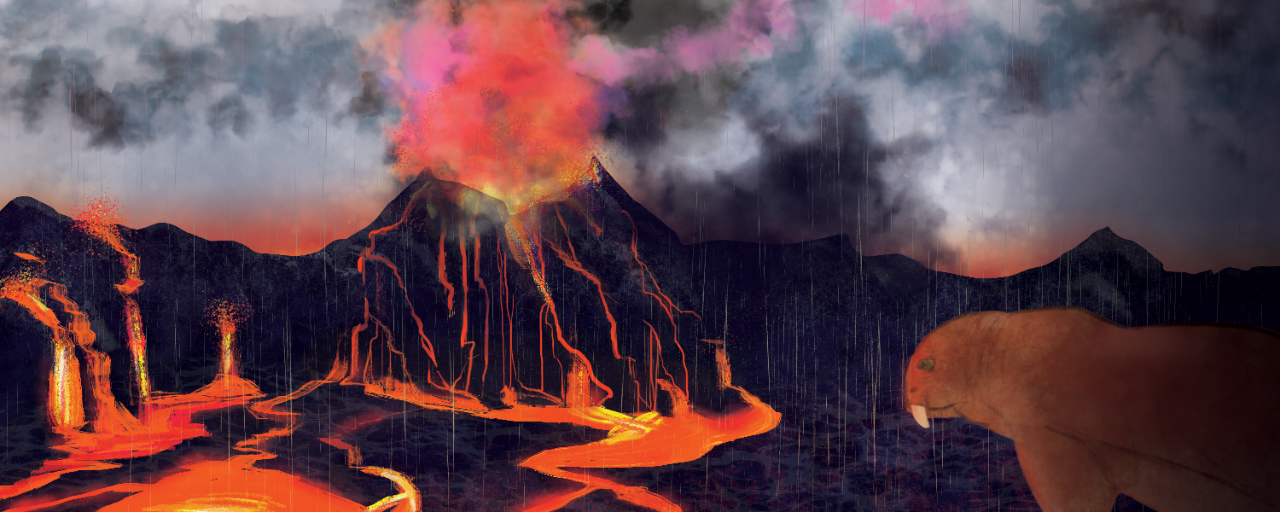 An illustration shows a volcano erupting with lava pouring into a valley and ash filling the air while acid rain washes down. In the corner, a predatory gorgonopsid watches his coming demise.