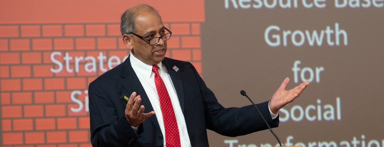 UC President Neville Pinto speaks at 2019 State of the University address.