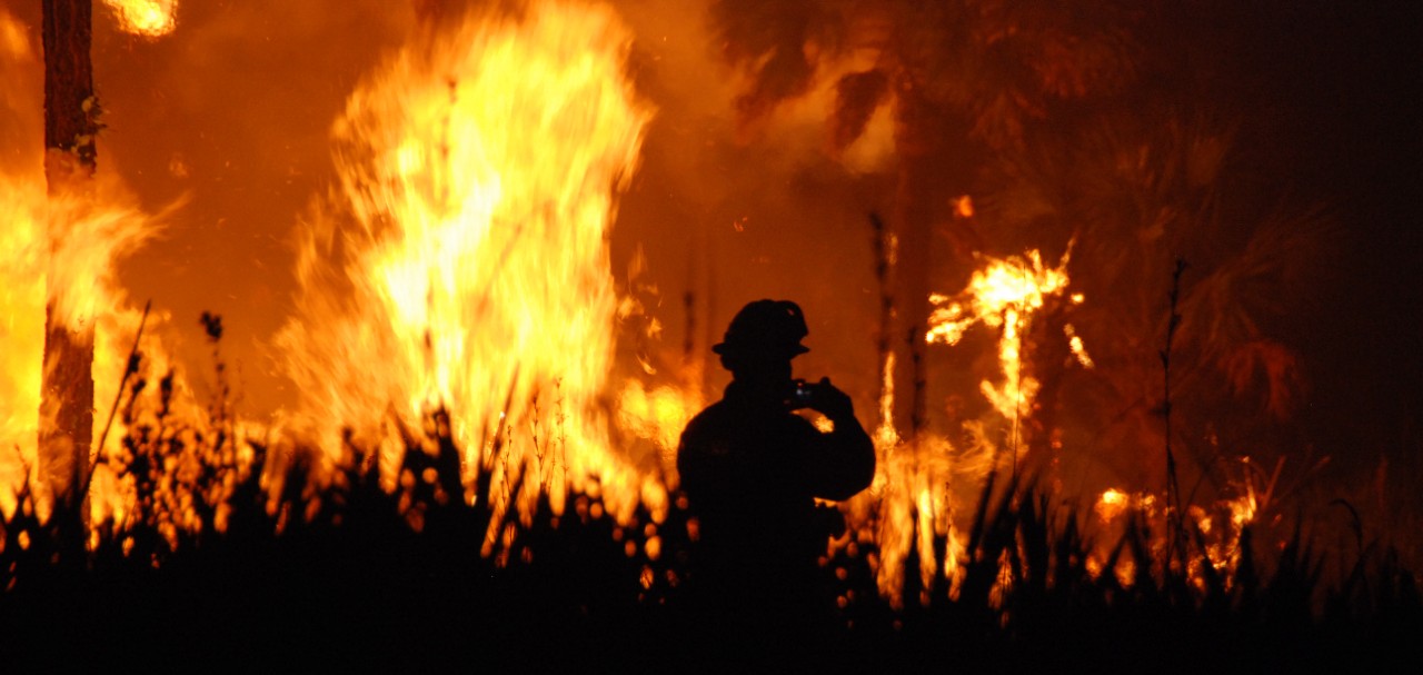 A firefighter is silhouetted against the backdrop of a forest fire in Florida.