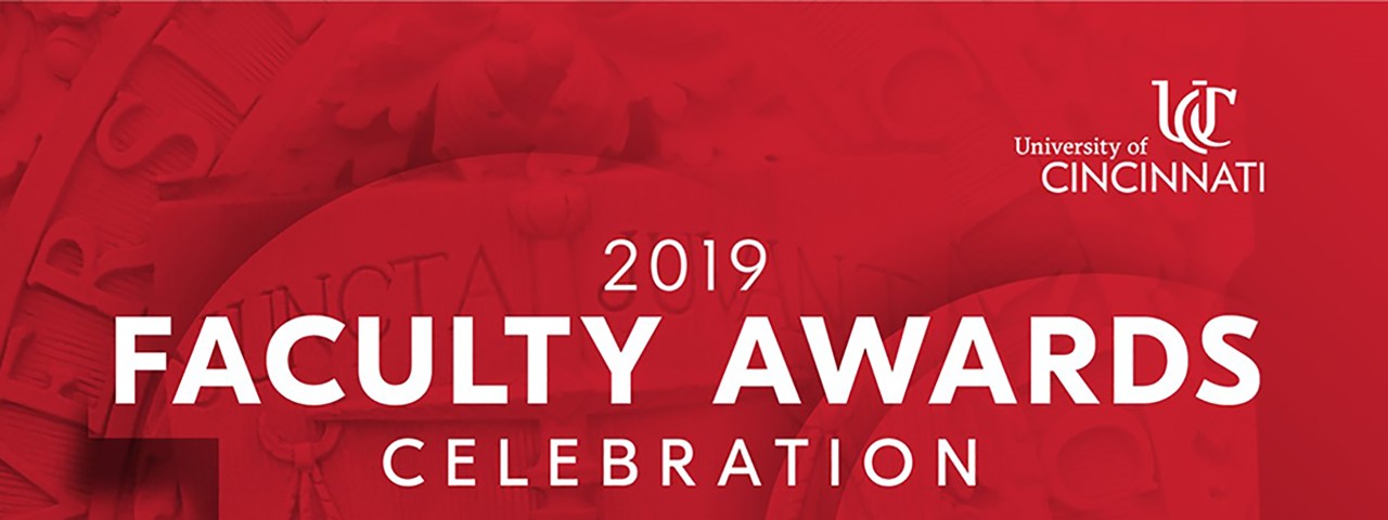 Image that says 2019 Faculty Awards Celebration on red background