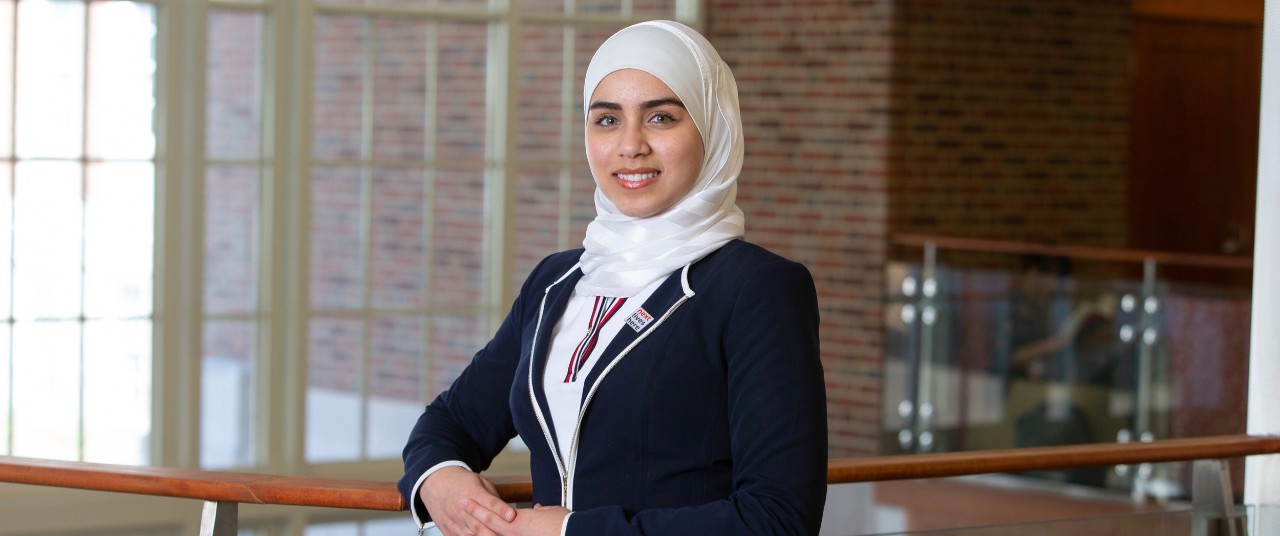 UC student Mariam Elgafy stands inside UC's Teacher-Dyer Hall
