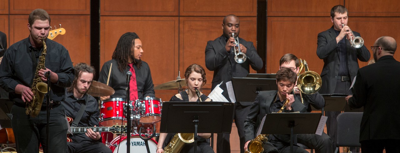 A performance photograph of the CCM Jazz Orchestra in concert in 2016.