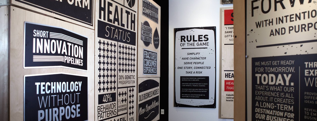 McGohan Brabender office installation with inspirational healthcare phrases in graphic design.