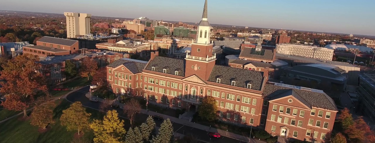 McMicken Hall at sunset in the fall