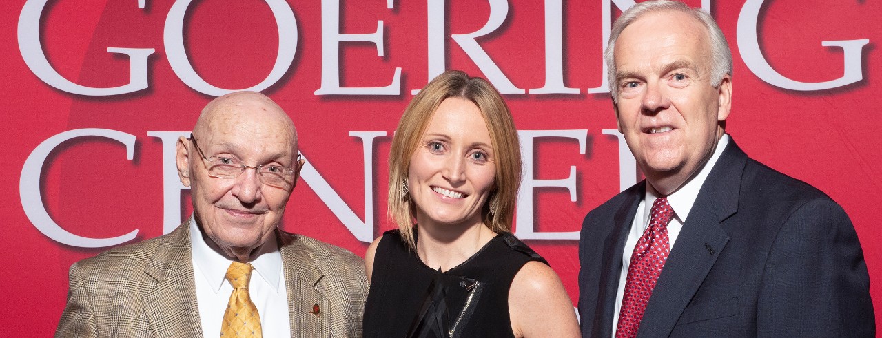 2018 Rising Leader finalist Kelly Backscheider pictured with Goering Center founder, John Goering, and president emeritus, Larry Grypp.