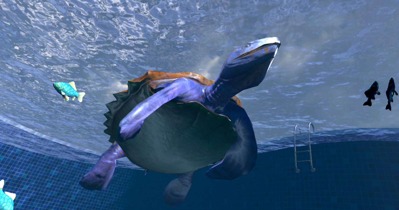 Underwater scene featuring a prehistoric turtle and fish from a virtual reality study.