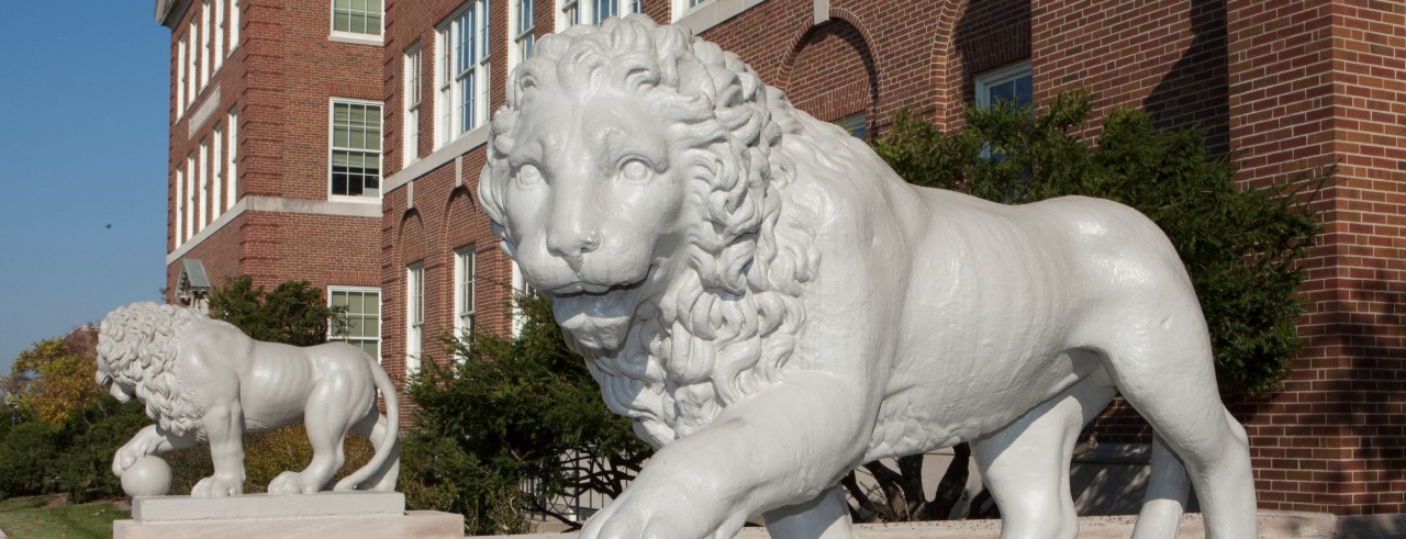 The lions outside McMicken Hall.
