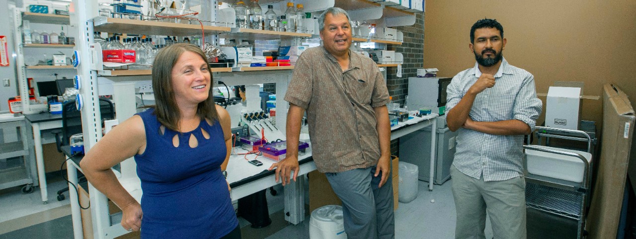 UC professors Lucinda Lawson, left, and Kenneth Petren talk about their research in a biology lab with UC graduate student Jose Barreiro.