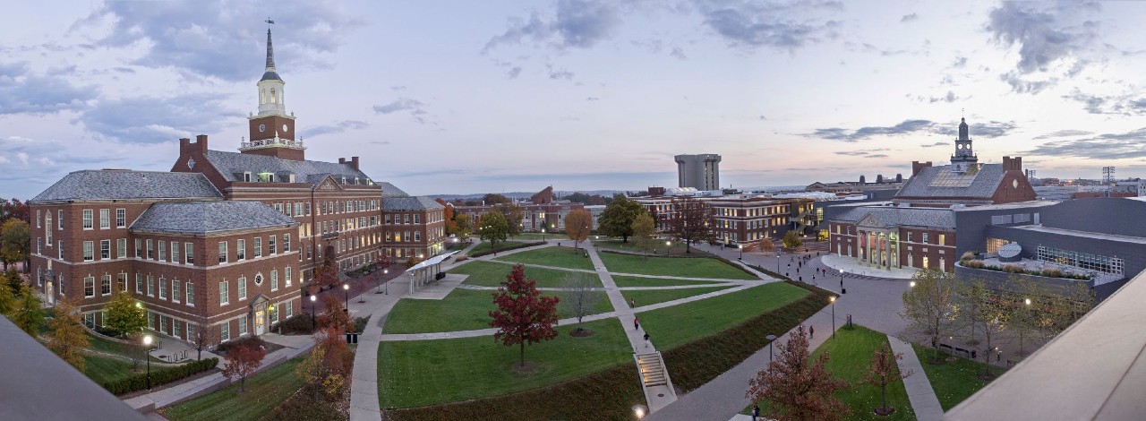 Panoramic shot of campus buildings and green space