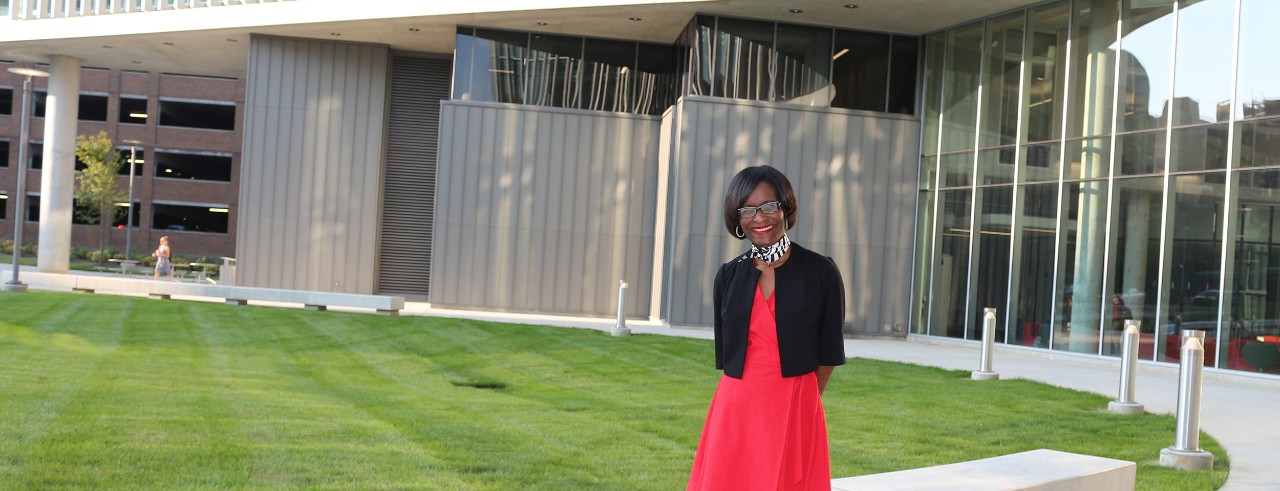 Karla Washington stands in front of the Heatlh Sciences Building