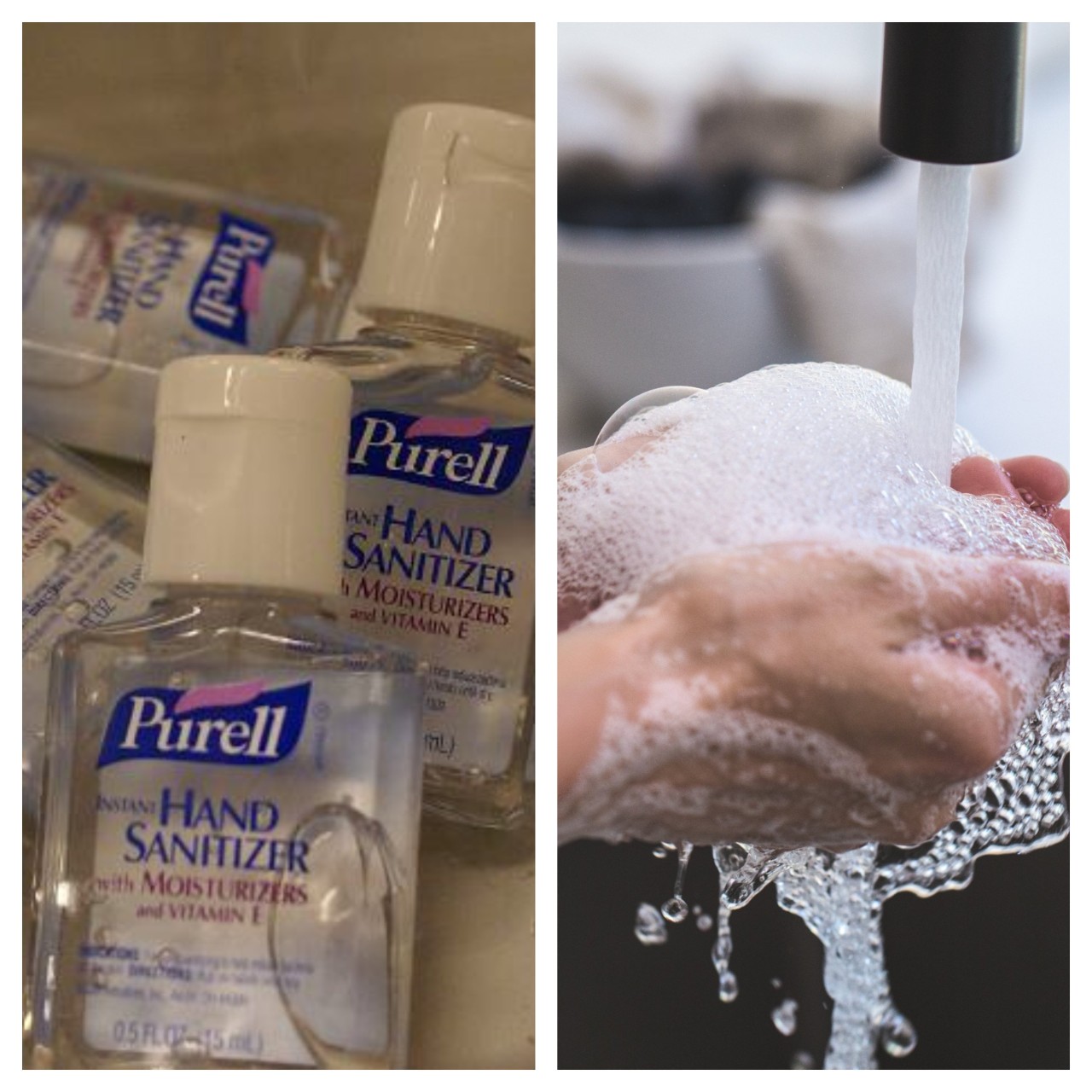 A picture collage with hand sanitizer bottles on the left and hands being washed on the right. 
