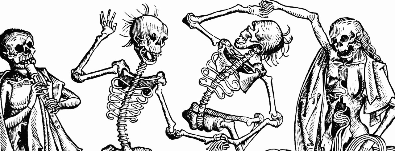 An illustration of skeletons dancing