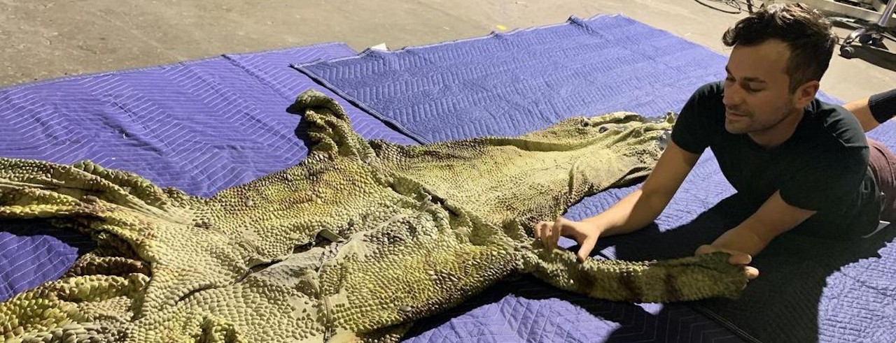 Man works on a dinosaur costume