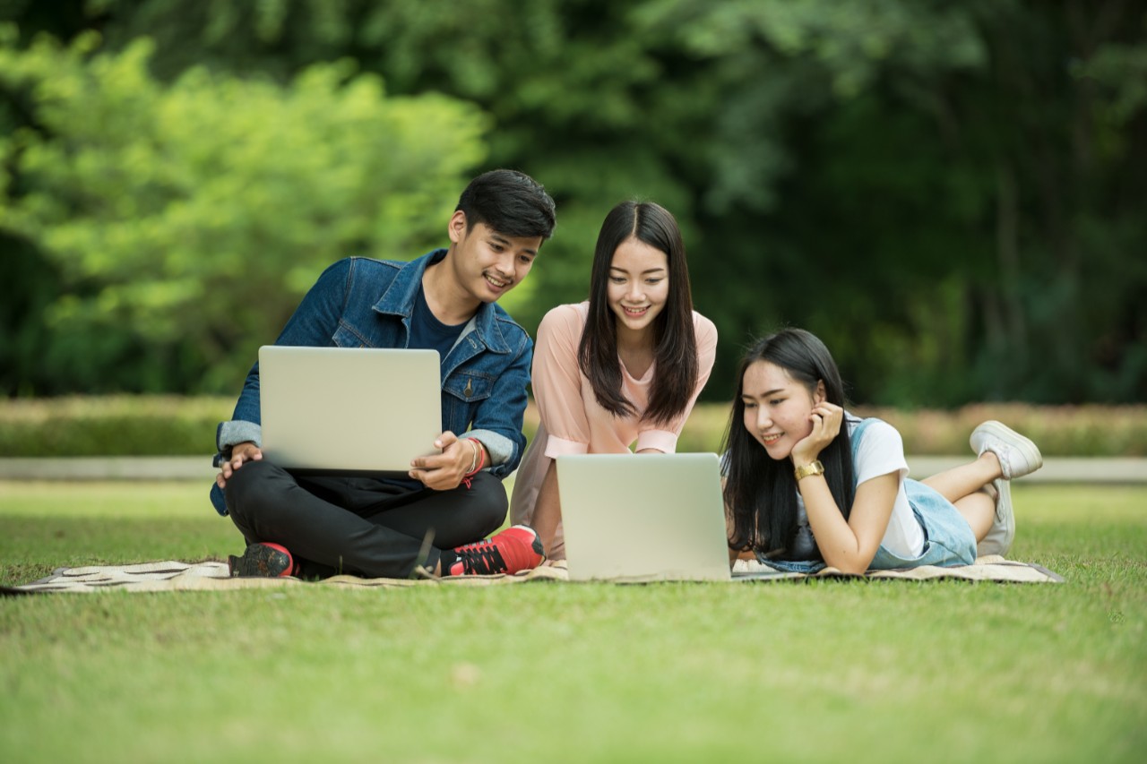 Students converse on public greenery 