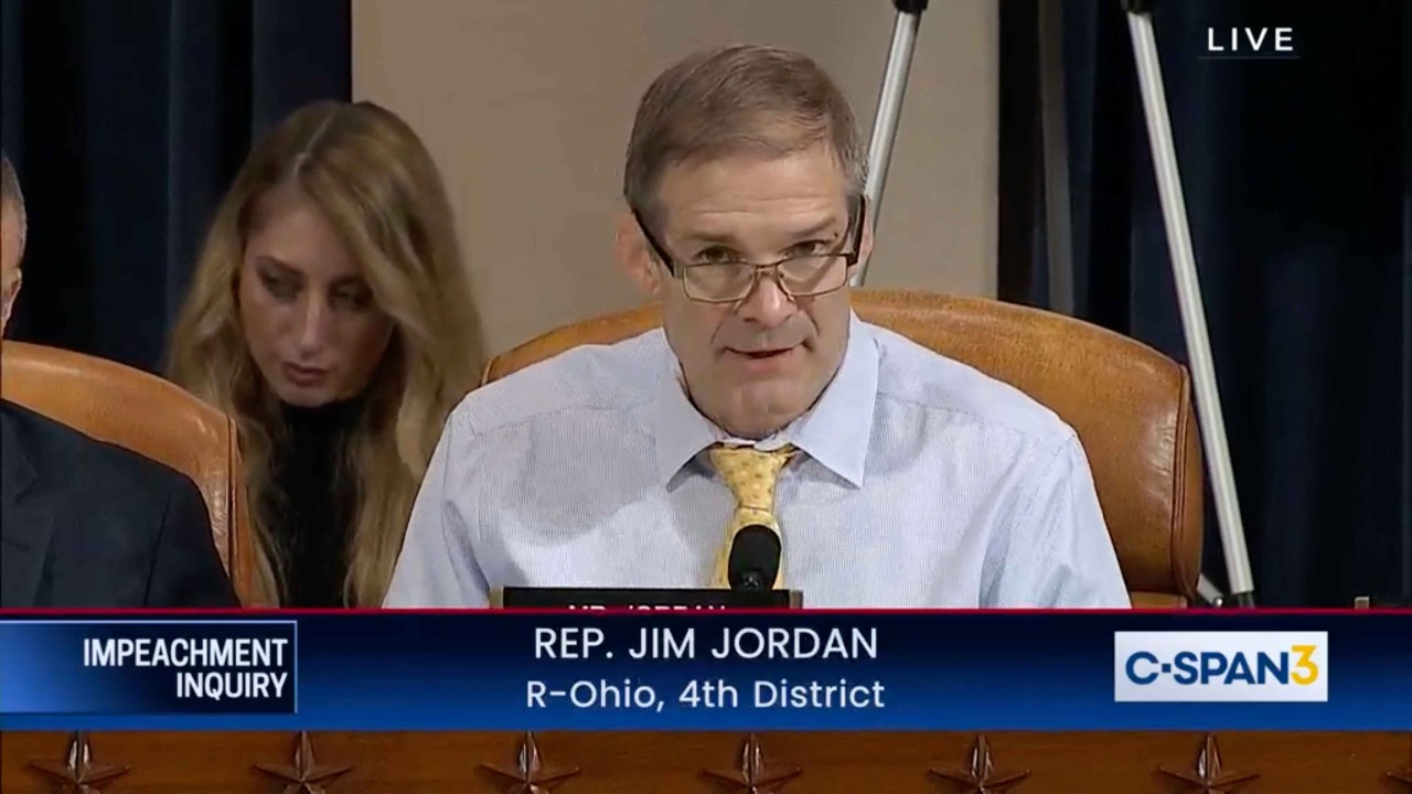 U.S. Rep. Jim Jordan, R-Ohio, questions a witness during congressional hearings into whether President Trump should be impeached.