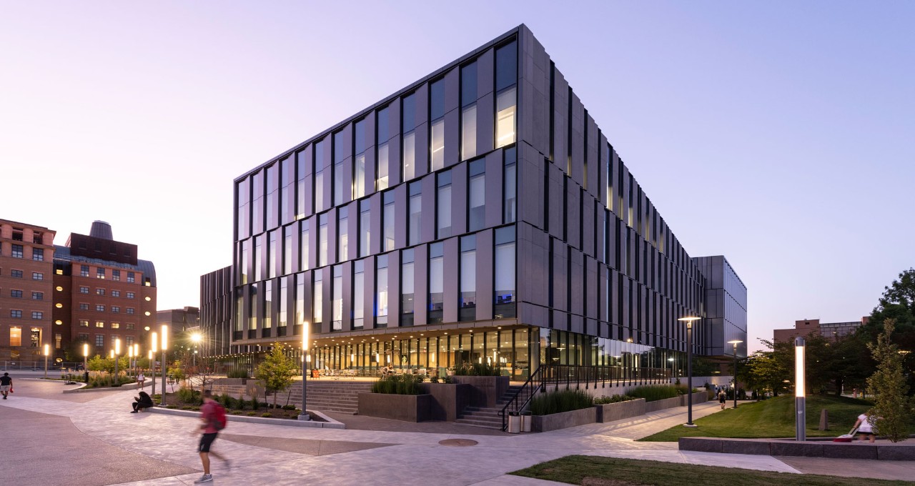 Lindner College of Business building at dusk
