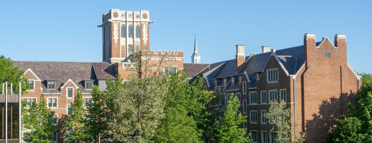 Tops of brick buildings on campus surrounded by trees