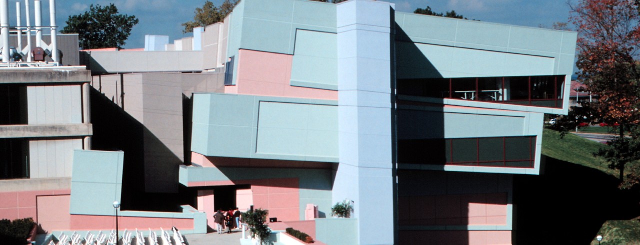 DAAP building features unusual angled architecture and pastel colors