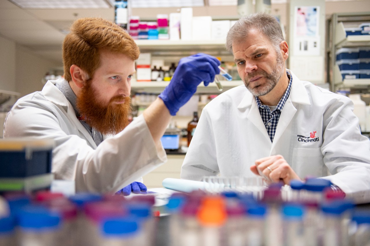 Mark Castleberry and Sean Davidson, PhD,  shown in a UC College of Medicine laboratory.